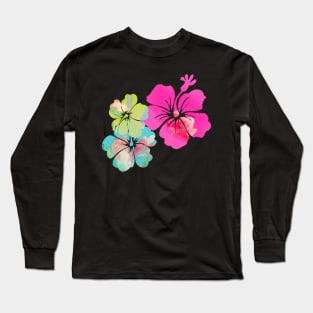 PixDezines Hibiscus Pink, Green+Blue Long Sleeve T-Shirt